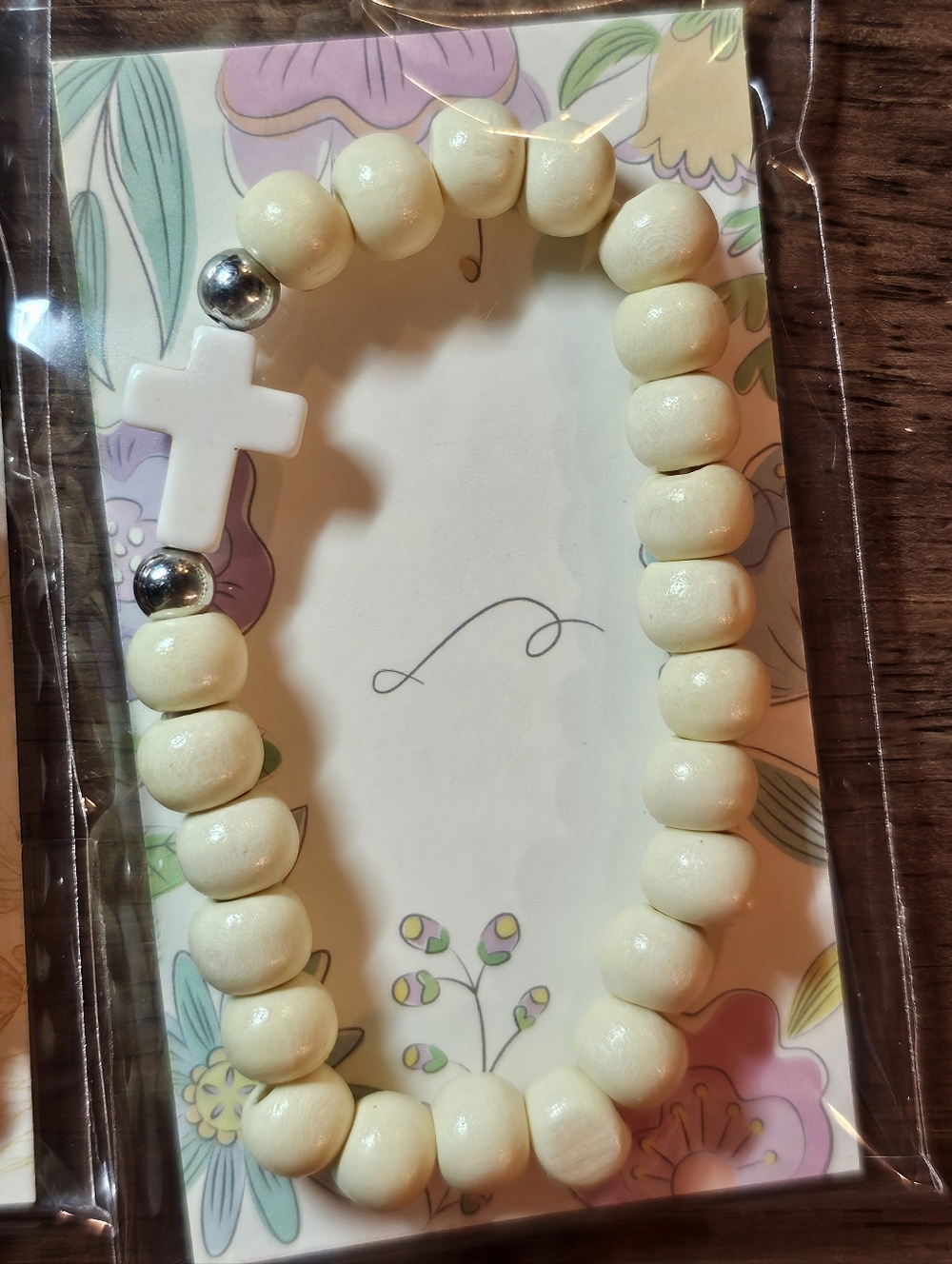 Cream Wood Beaded Bracelet with Cross Accent